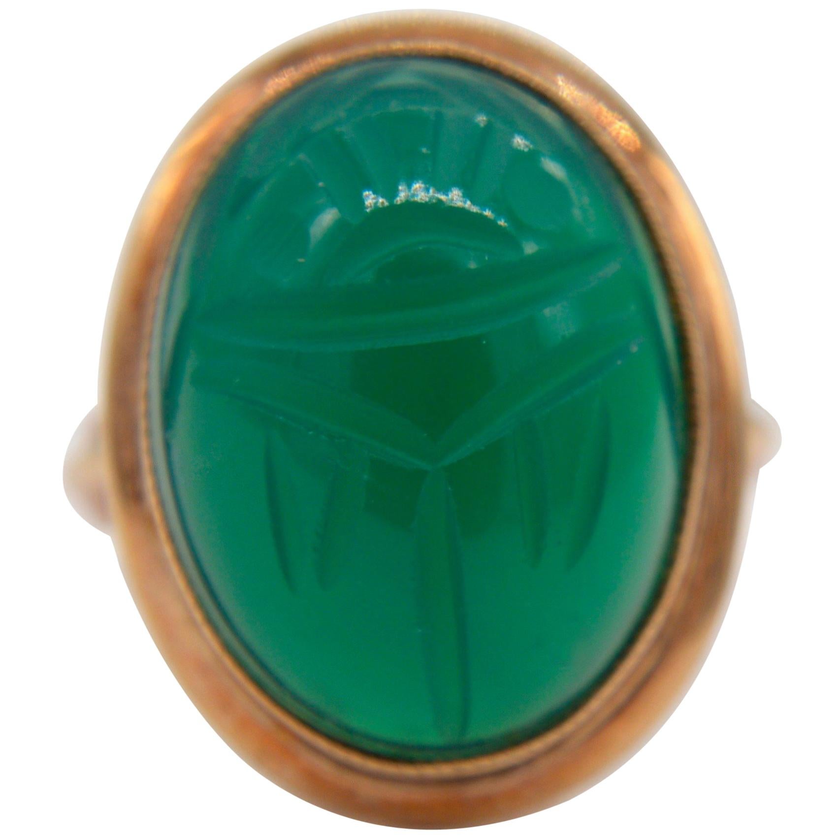 Vintage 8 Carat Chrysoprase Chalcedony Scarab 10 Karat Gold Ring