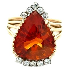 Vintage 8 Carat Vibrant Orange Pear Fire Opal and Diamond Ring Estate Jewelry