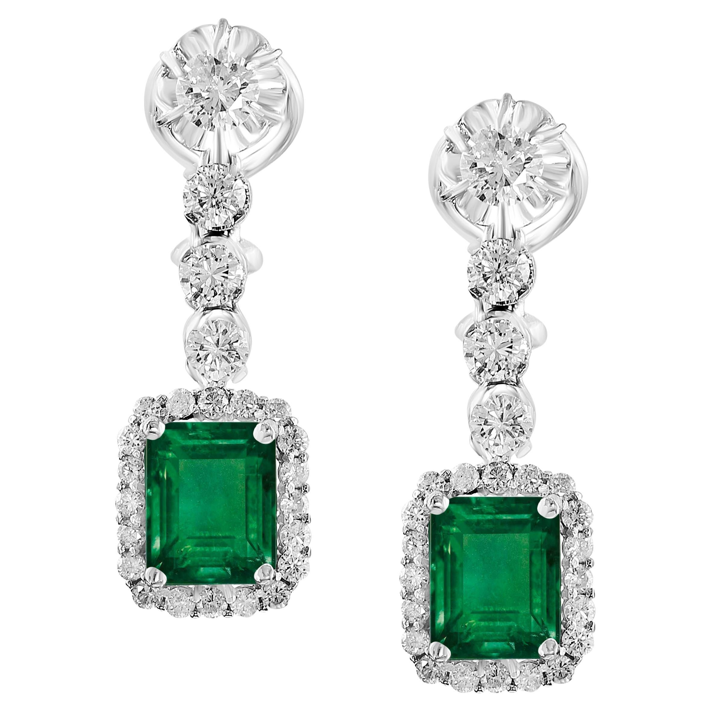 Vintage 8 Ct Zambian Emerald Cut Emerald & 4 Ct Diamond Dangling Earrings 18KWG For Sale