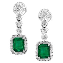 Vintage 8 Ct Zambian Emerald Cut Emerald & 4 Ct Diamond Dangling Earrings 18KWG
