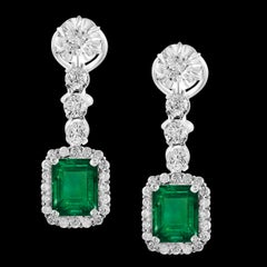 Vintage 8 Ct Zambian Emerald Cut Emerald & 4 Ct Diamond Dangling Earrings 18KWG