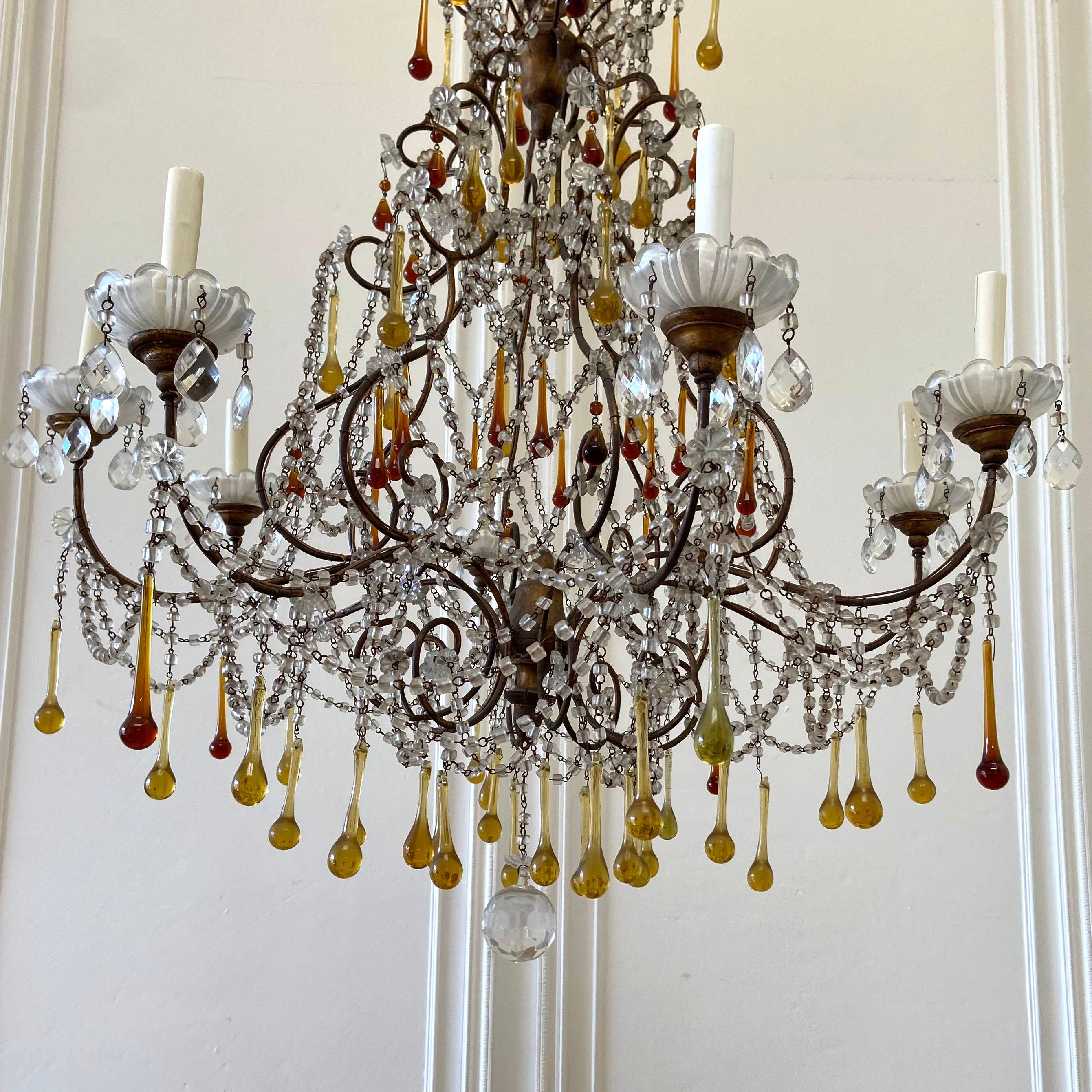 Vintage 8-Light Macaroni Beaded Chandelier with Amber Crystals In Good Condition In Brea, CA