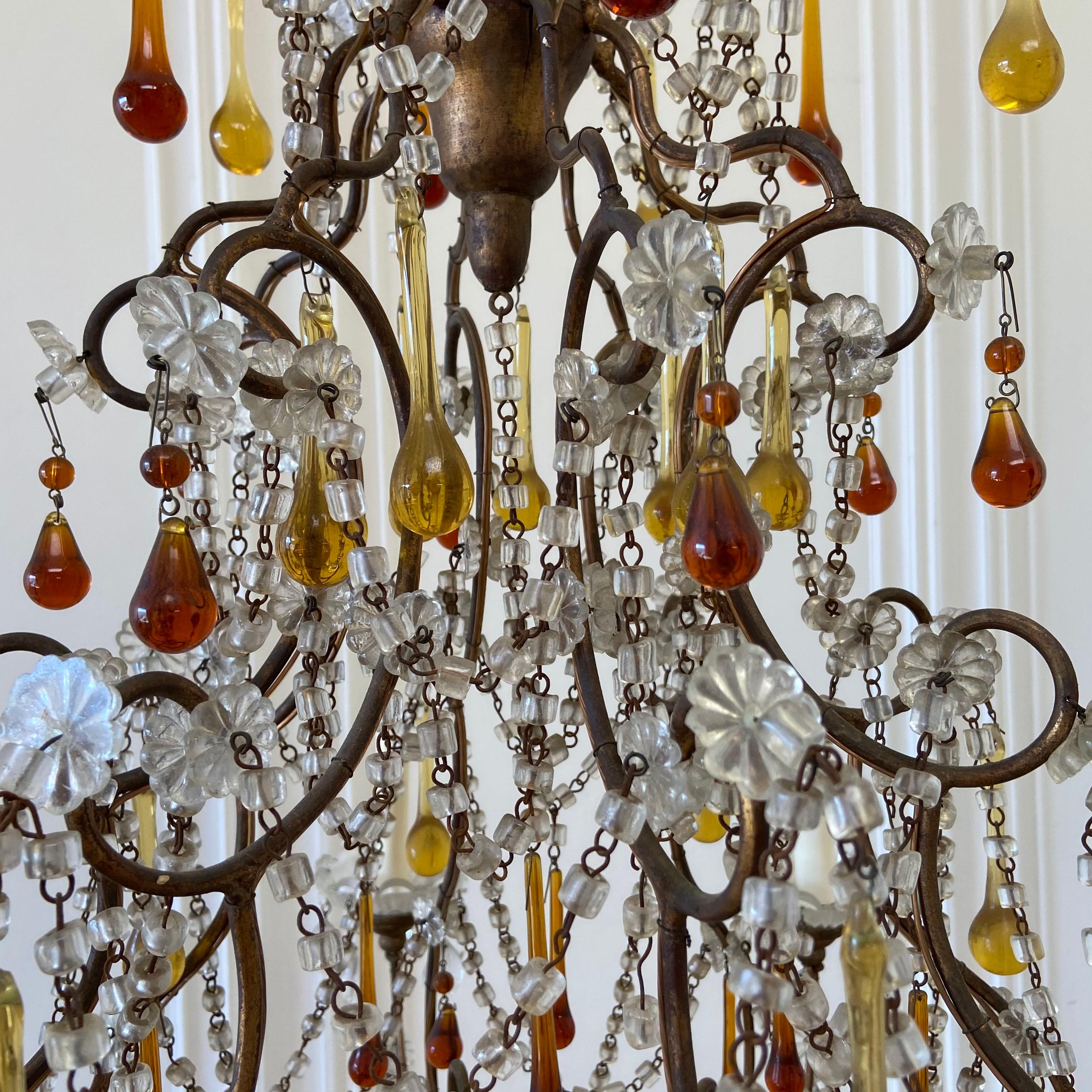 Glass Vintage 8-Light Macaroni Beaded Chandelier with Amber Crystals