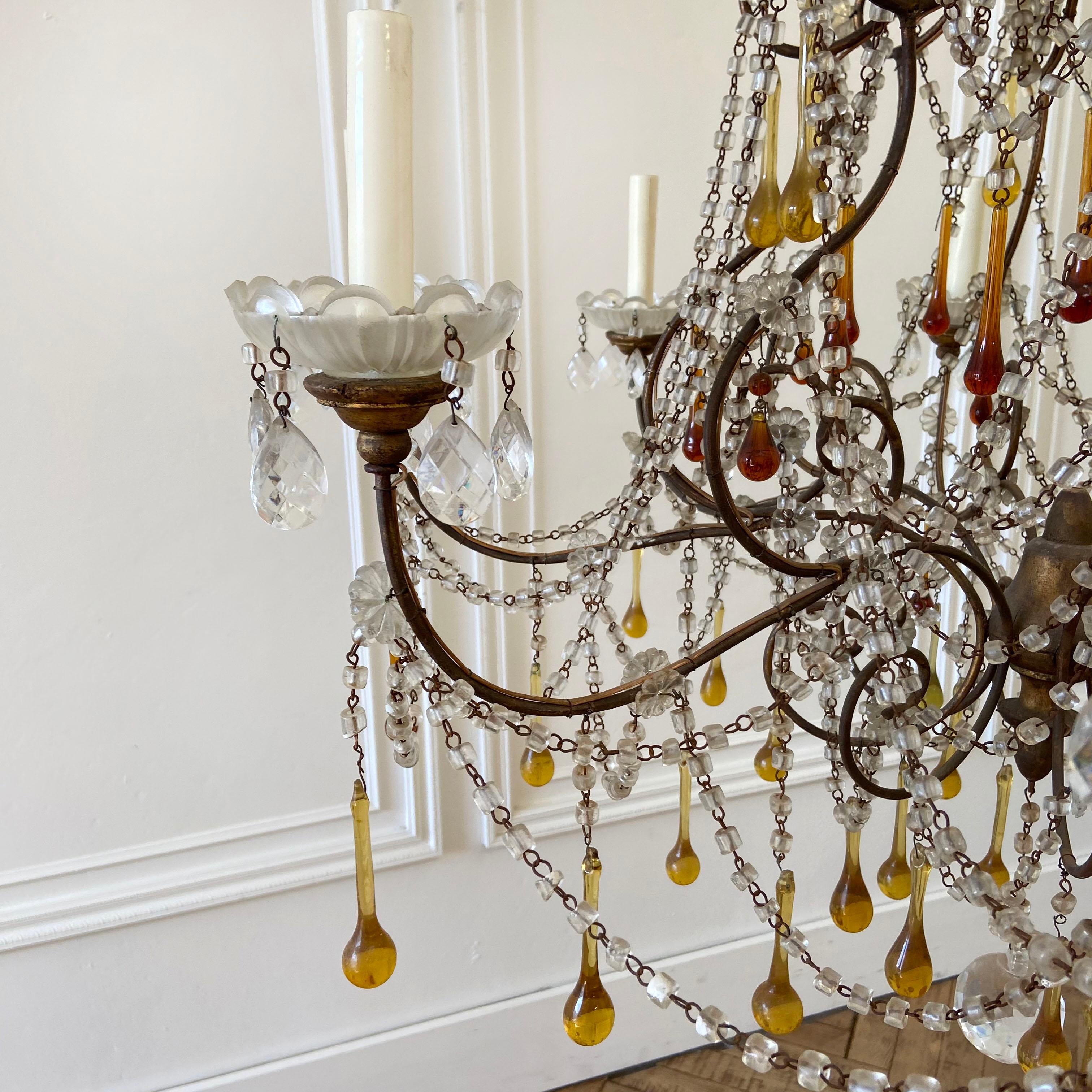 Vintage 8-Light Macaroni Beaded Chandelier with Amber Crystals 1