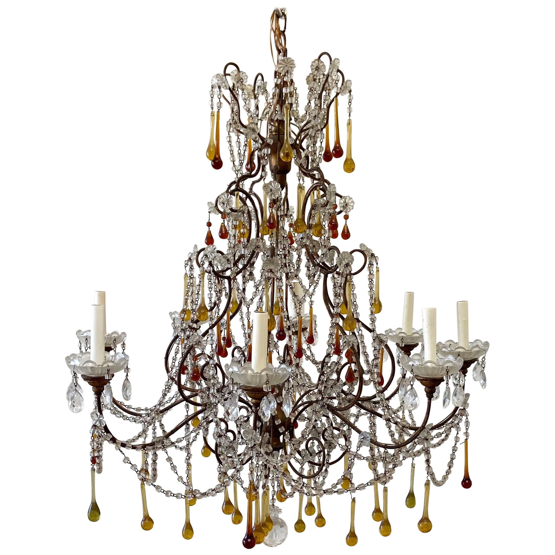 Vintage 8-Light Macaroni Beaded Chandelier with Amber Crystals