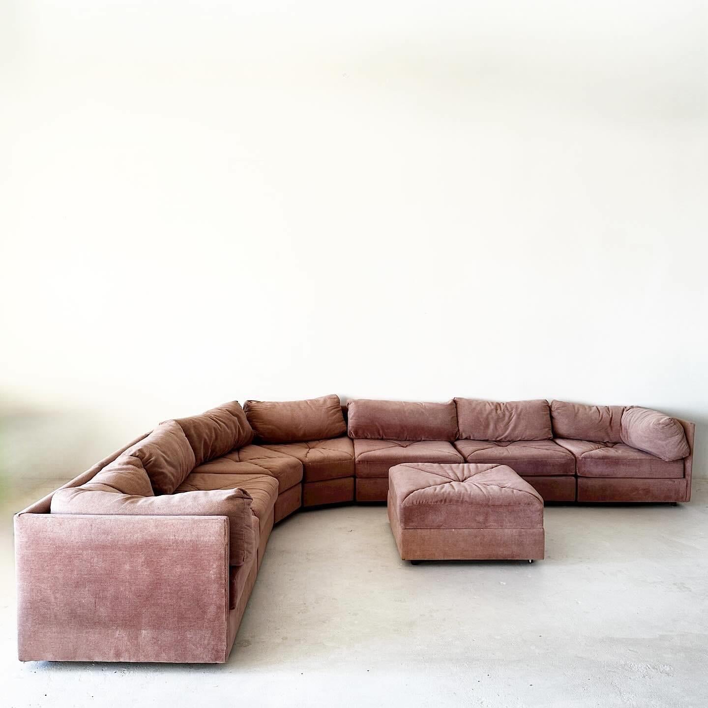 vintage 8-piece modular sectional with original mauve tweed upholstery.

similar to a playpen, unique 1970s design includes 2 corner pieces, 1 ottoman, 3 armless pieces, and 2 triangular pieces that allow for maximum customization -- 20+ 8-piece