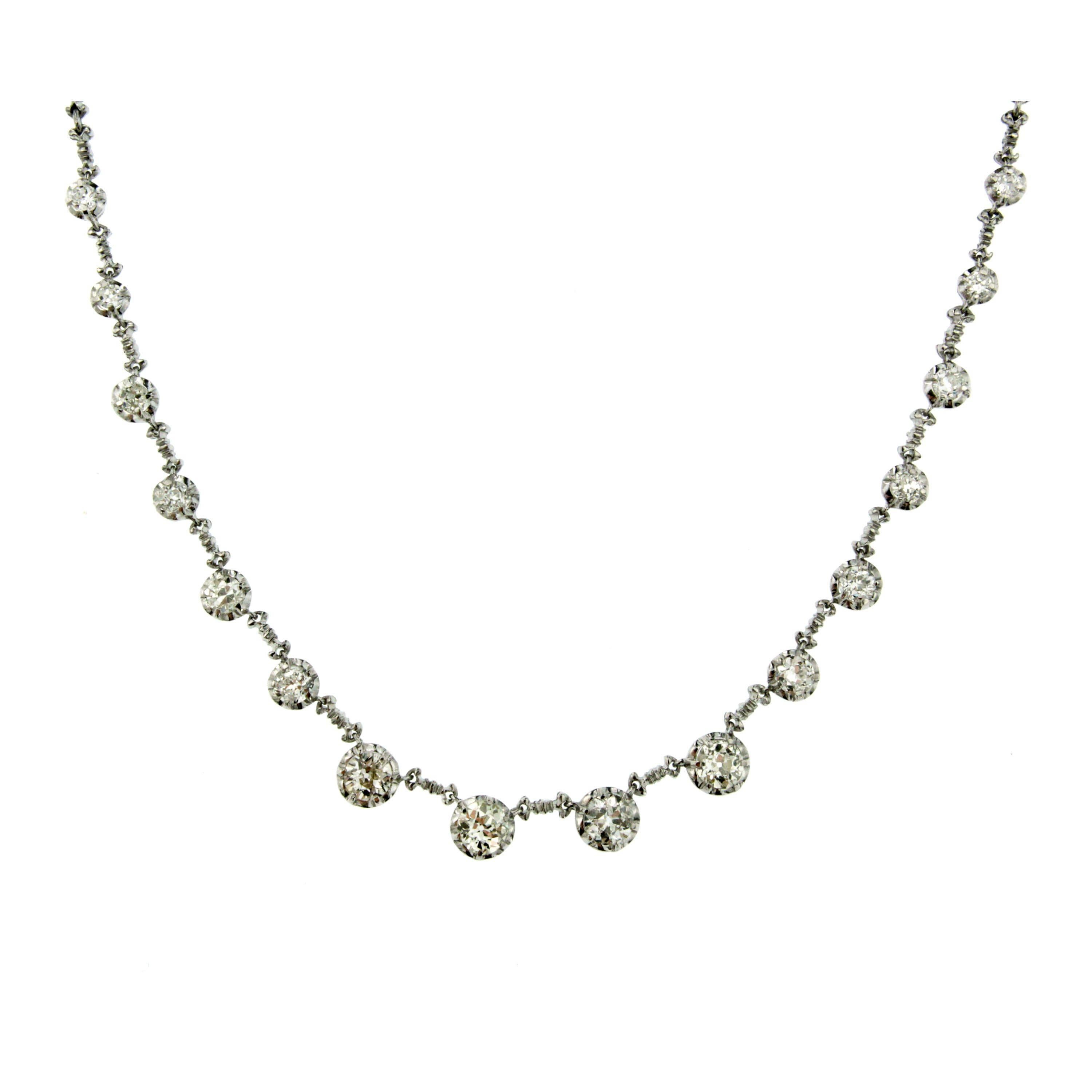 An exquisite Gold Diamond necklace set with 8.00 carats of Sparkling old mine cut Diamonds graded H/I Color VS1 clarity.
Exclusively hand crafted by great Italian masters craftsman from precious 18k white gold. Circa 1980

CONDITION: Pre-owned -