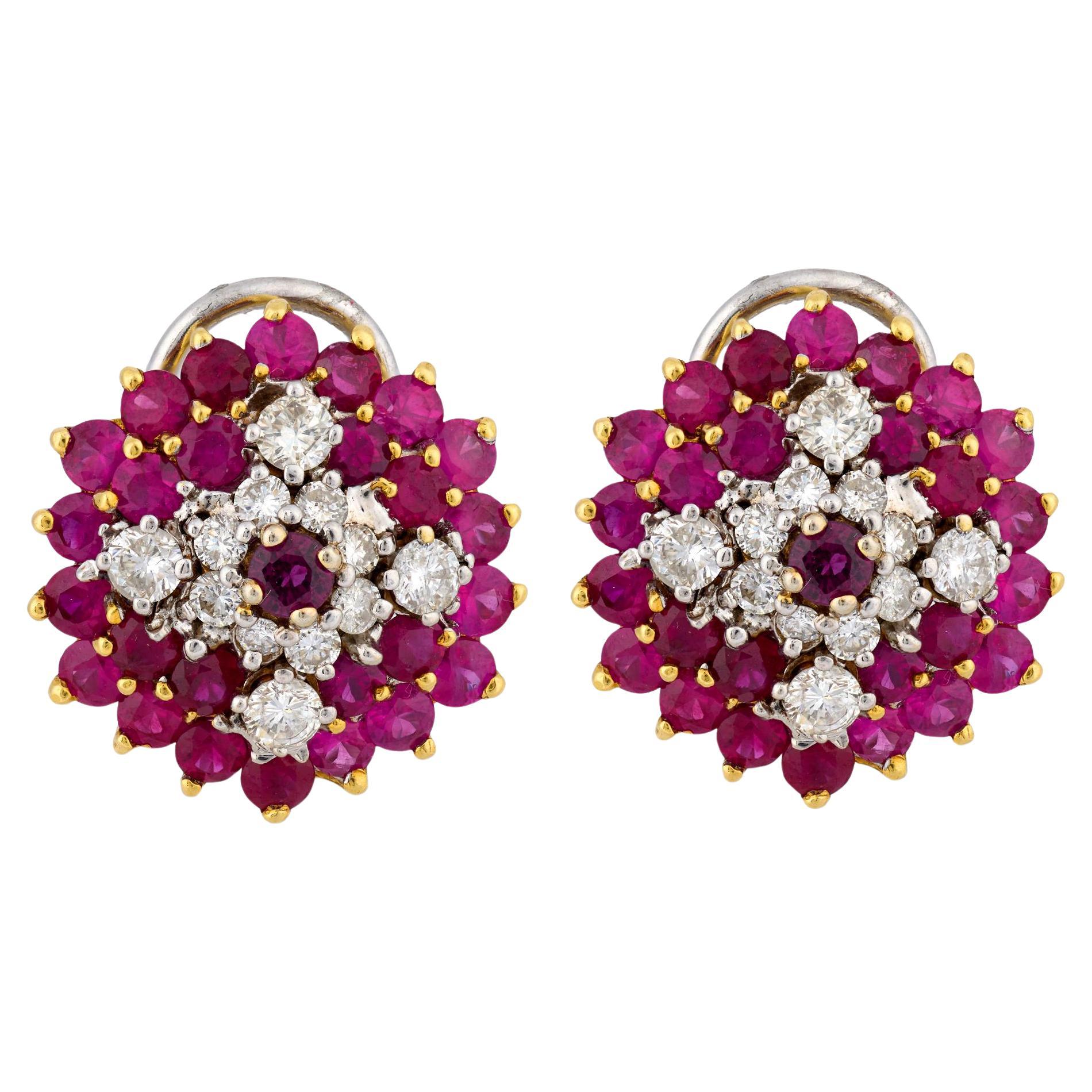 Vintage 8.00 carat diamond ruby 18k yellow gold earrings For Sale