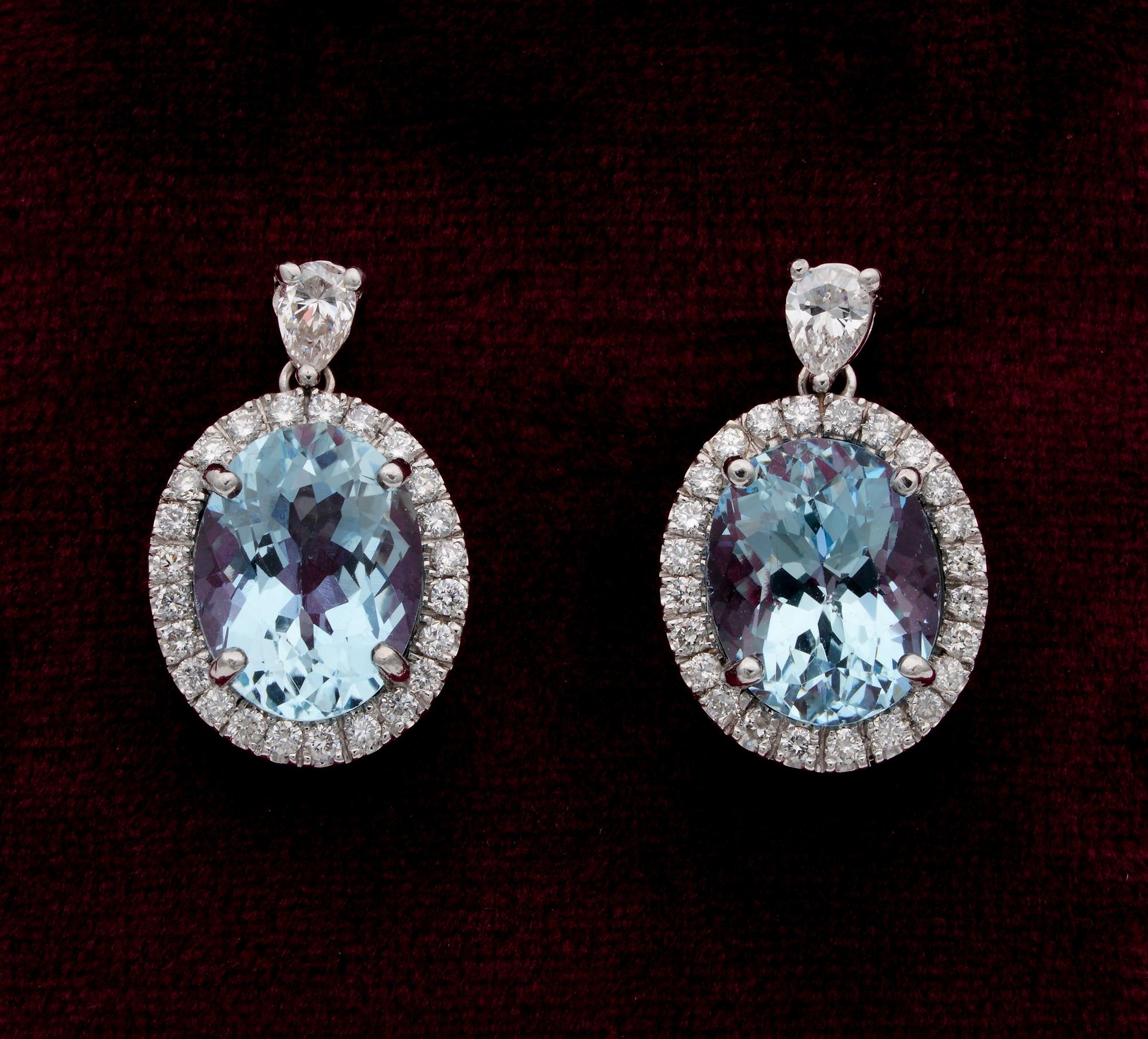 The Classy Must

Vintage 1960 ca, classy pair of Aquamarine and Diamond drop earrings
Perfect for all day long
Simple yet effective design hand crafted of solid 18 KT white gold, tested
Set with centre Natural Aquamarine of bright sky Blue Colour