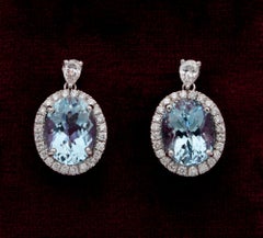 Vintage 8.00 Carat Natural Aquamarine 1.20 Carat Diamond Drop Earrings