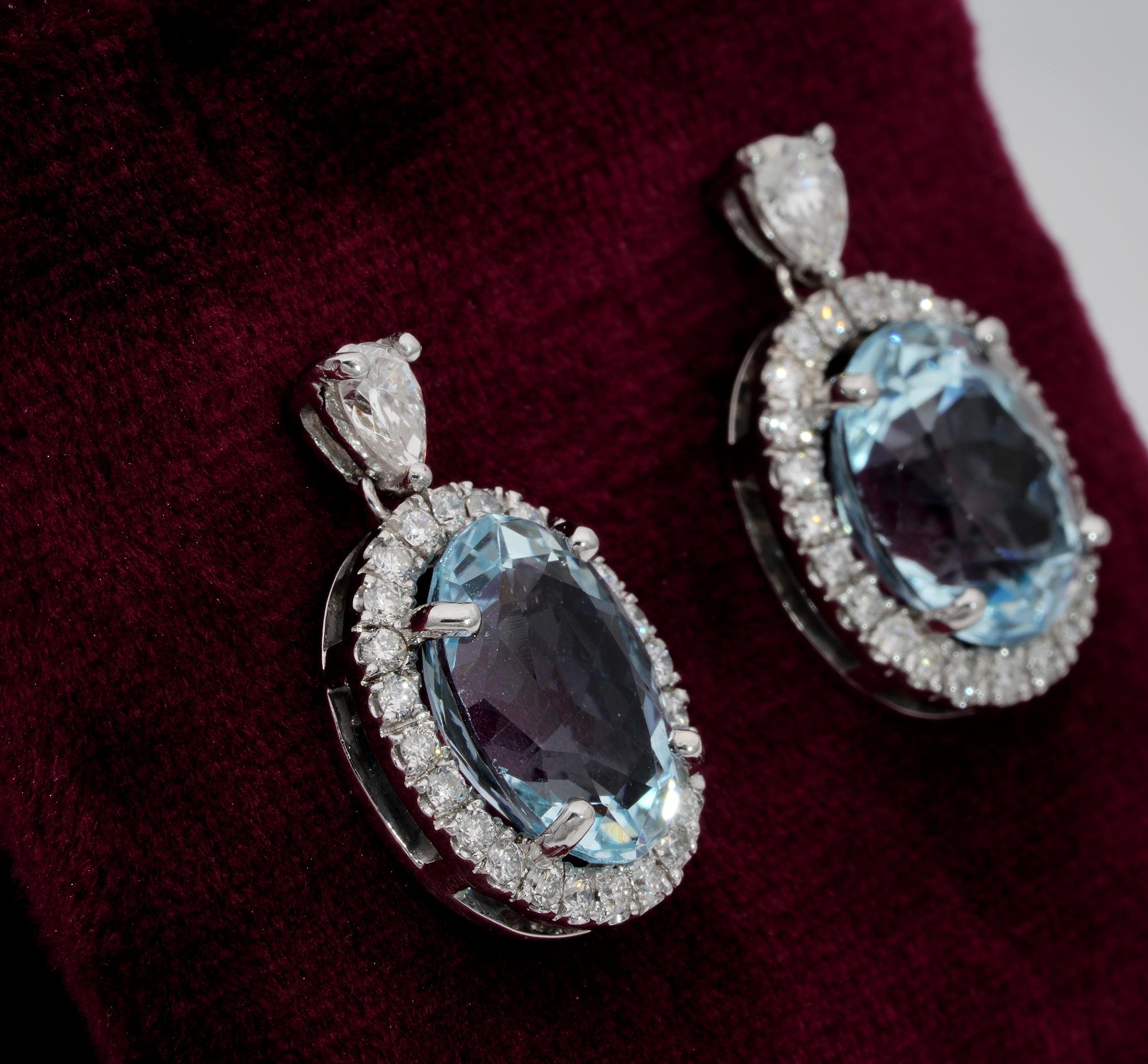 Vintage 8.00 Carat Natural Aquamarine 1.20 Carat Diamond Drop Earrings In Good Condition For Sale In Napoli, IT