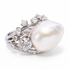 Bague vintage 800 en platine, avec perle et diamants, de forme libre