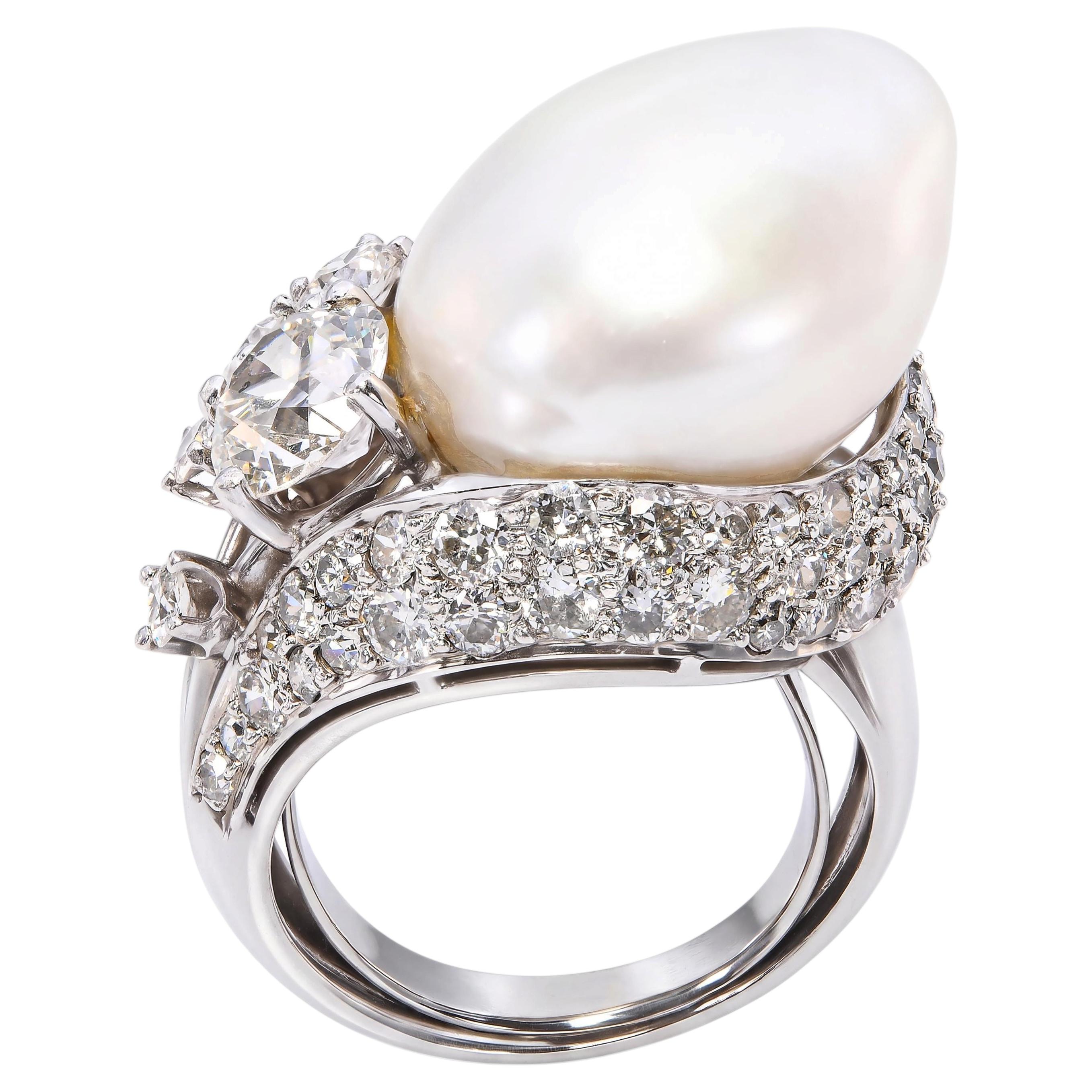 Vintage 800 Platinum Pearl and Diamond Freeform Ring
