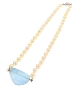 Vintage 800 Silver Cultured Pearl Necklace with Large Aquamarine