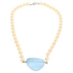 Vintage 800 Silver Cultured Pearl Necklace with Large Aquamarine