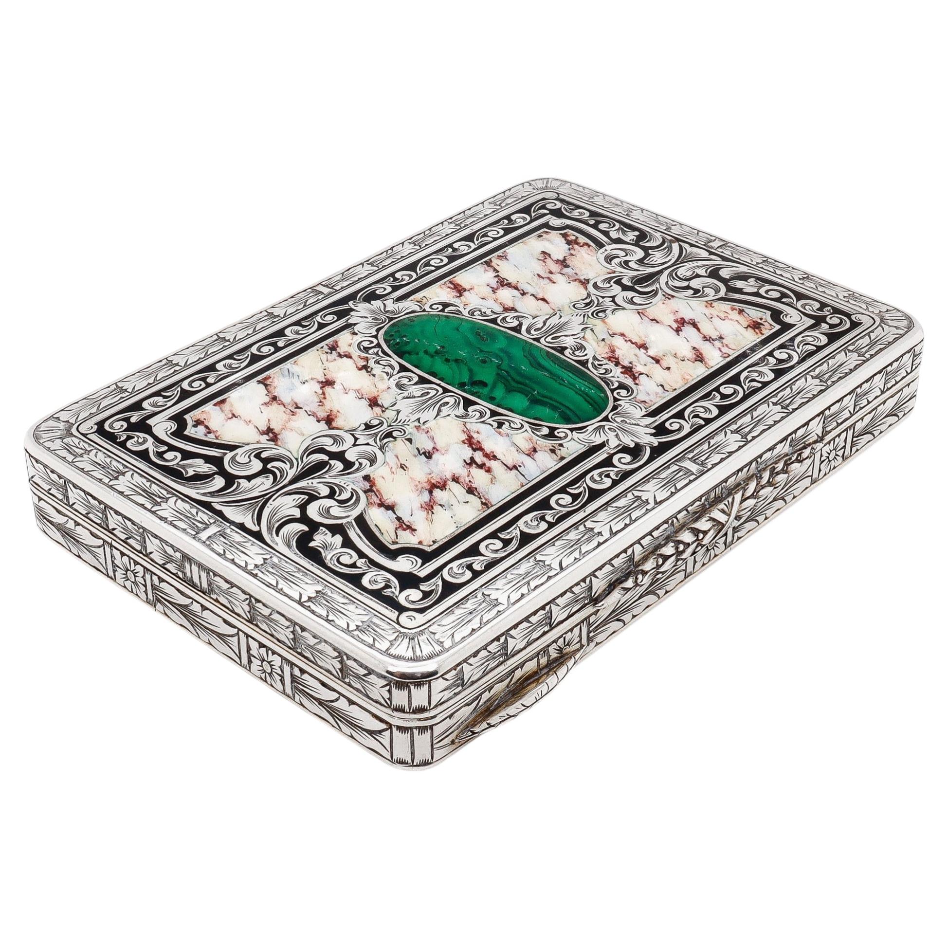 Vintage .800 Silver & Enamel Trompe L'oeil Hardstone Snuff Box