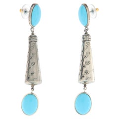 Vintage 800 Silver Long Bohemian Chandelier Drop Earrings with Turquoise Paste