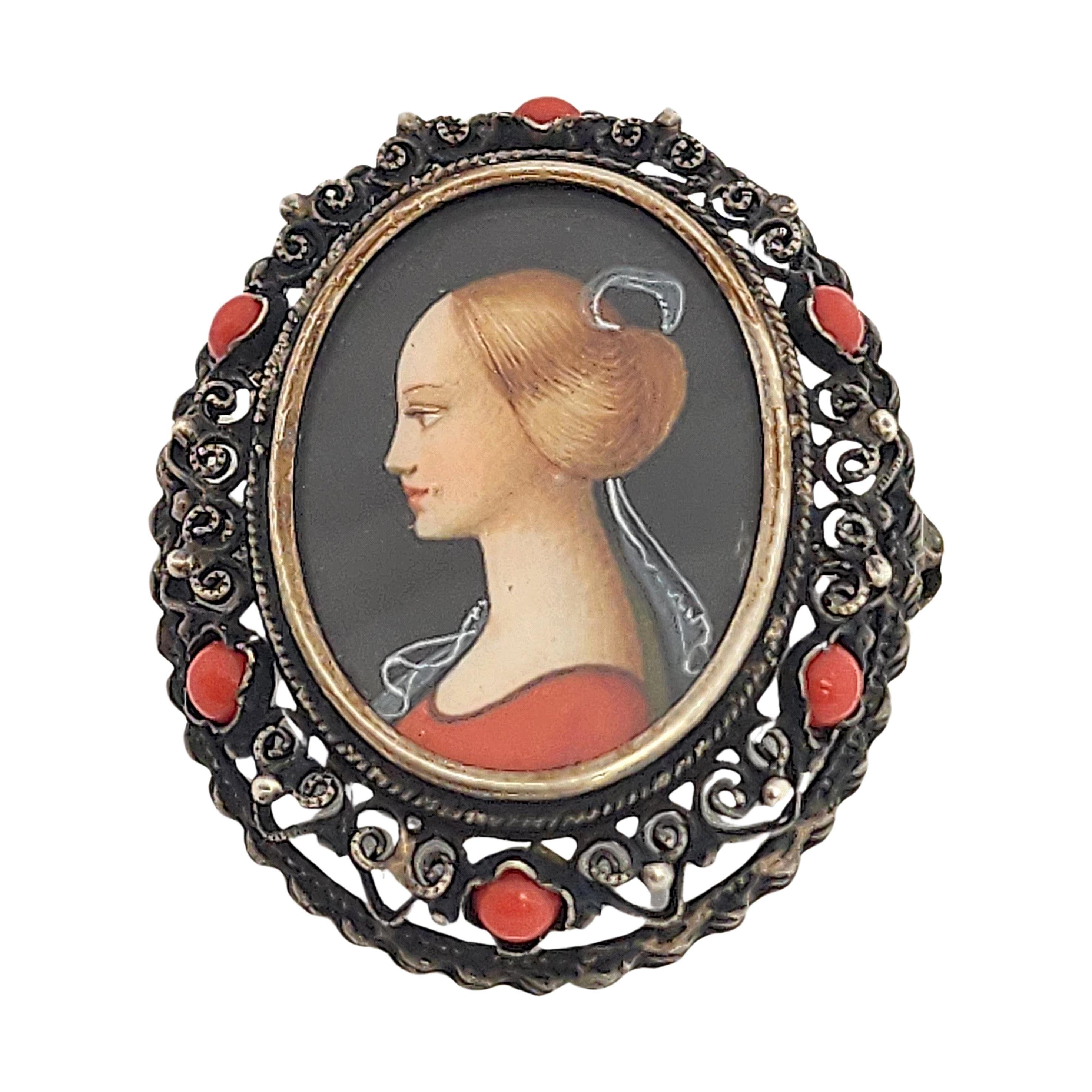 Vintage 800 Silver Painted Lady Cameo Pendat/Pin/Brooch #17365 1