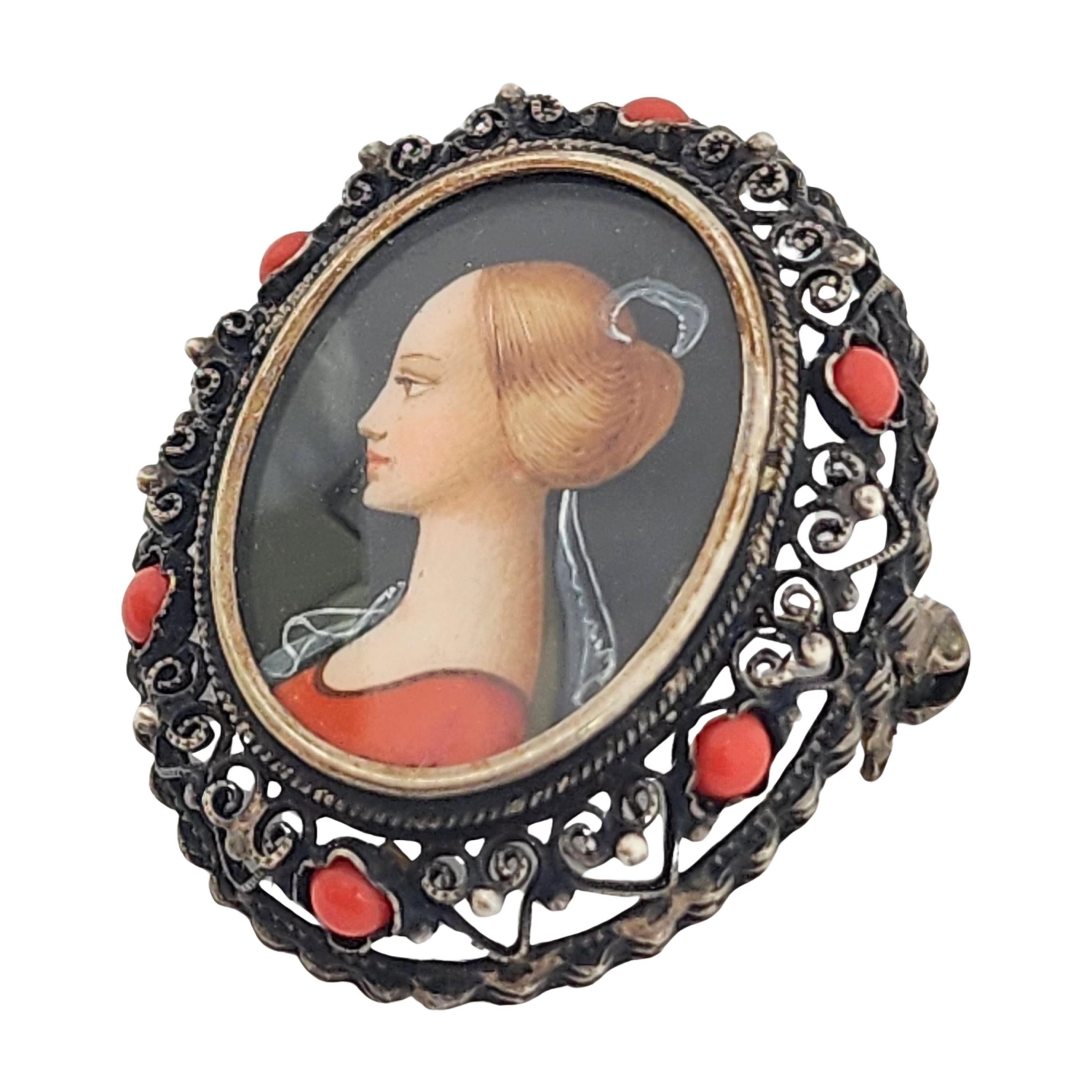 Vintage 800 Silver Painted Lady Cameo Pendat/Pin/Brooch #17365 2