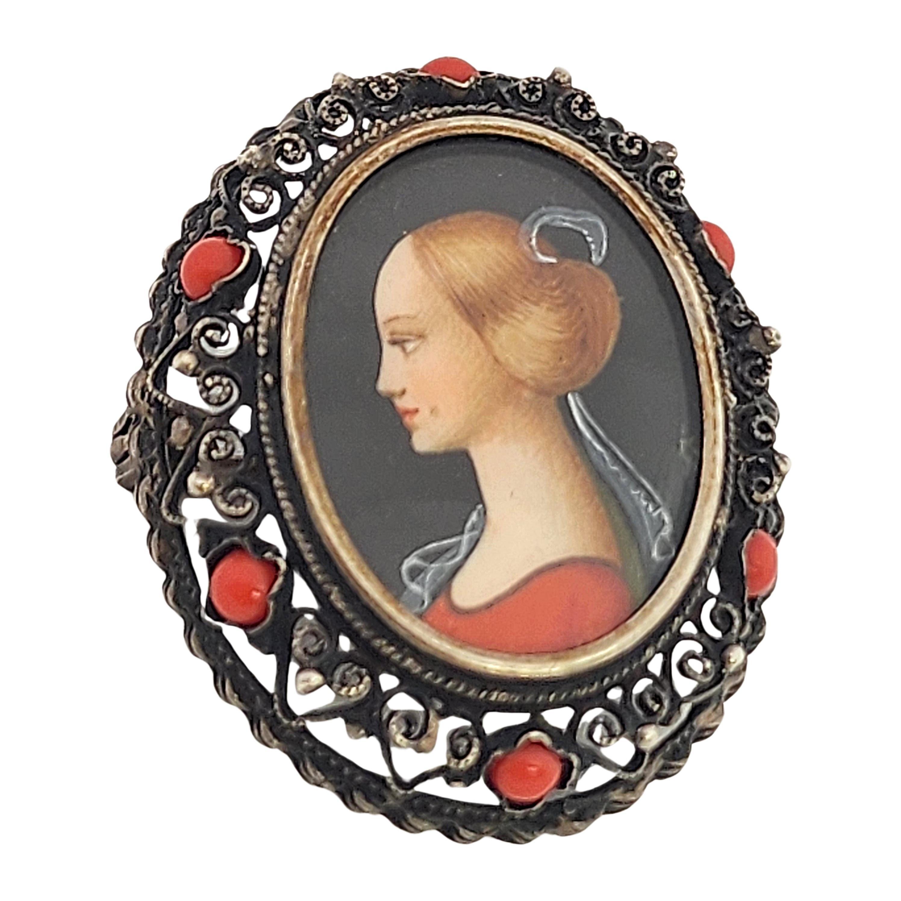 Vintage 800 Silver Painted Lady Cameo Pendat/Pin/Brooch #17365 3