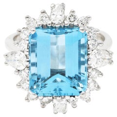Vintage 8.05 Carats Aquamarine Diamond 14 Karat White Gold Cluster Ring