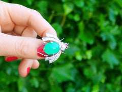 Vintage 8.09ct Chrysophrase and 1.26ct Diamond and Ruby White Gold Insect Brooch