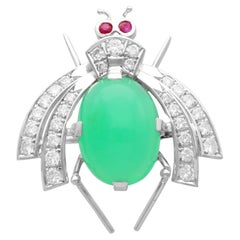 Retro 8.09ct Chrysophrase and 1.26ct Diamond and Ruby White Gold Insect Brooch