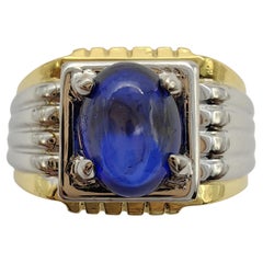 Retro 80's 1.66 Carat Cabochon Blue Sapphire Two-Tone Men's Ring in 18K Gold
