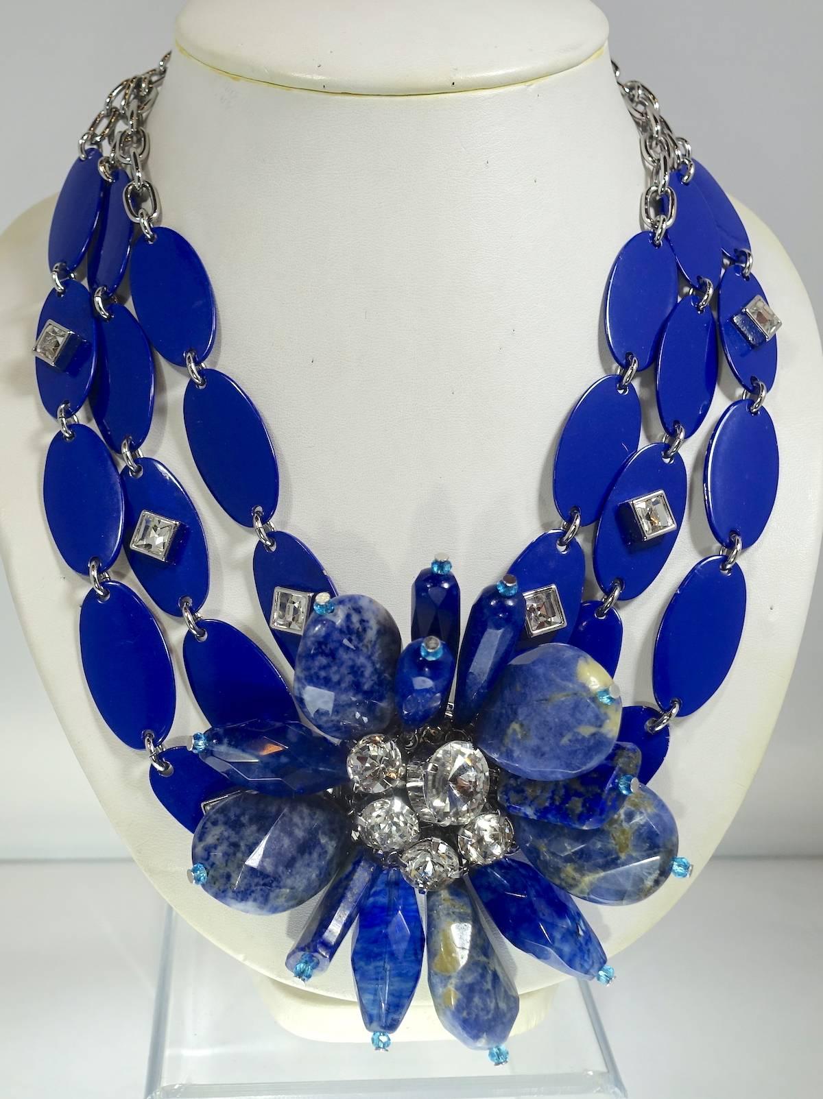 Vintage 80s-90s Signed YSL Robert Goosens Paris Lapis Floral Necklace In Excellent Condition For Sale In New York, NY