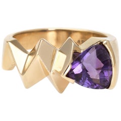 Vintage 1980s Amethyst Ring 14k Yellow Gold Geometric Band Estate Fine Jewelry 6