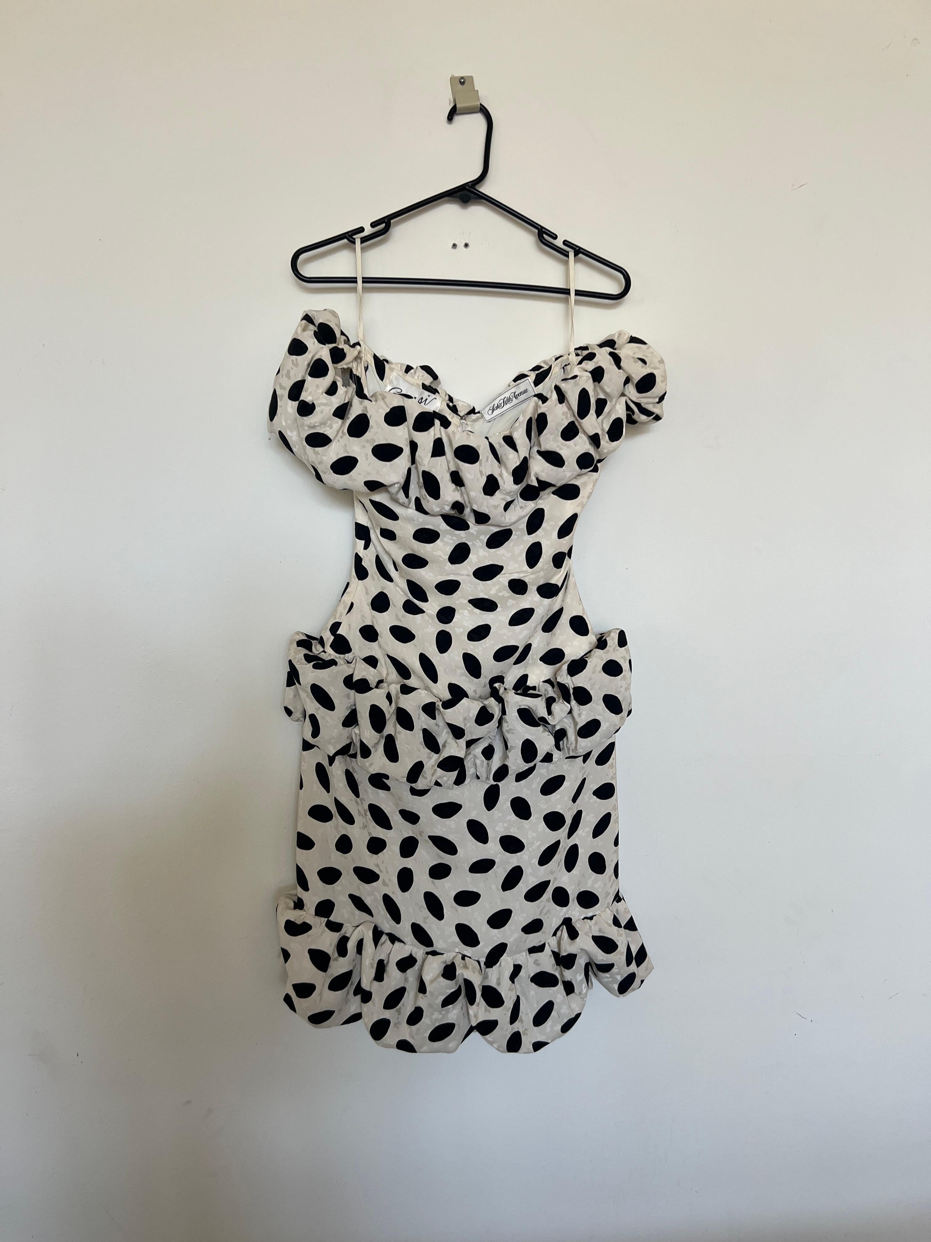 VINTAGE 80'S ARNOLD SCAASI DRESS COCKTAIL GOWN w/POLKA DOTS & BLACK ROSES In Good Condition For Sale In Matthews, NC