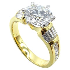Vintage 80s Art Deco GIA Round & Baguette Cut Diamond 18k Gold Engagement Ring