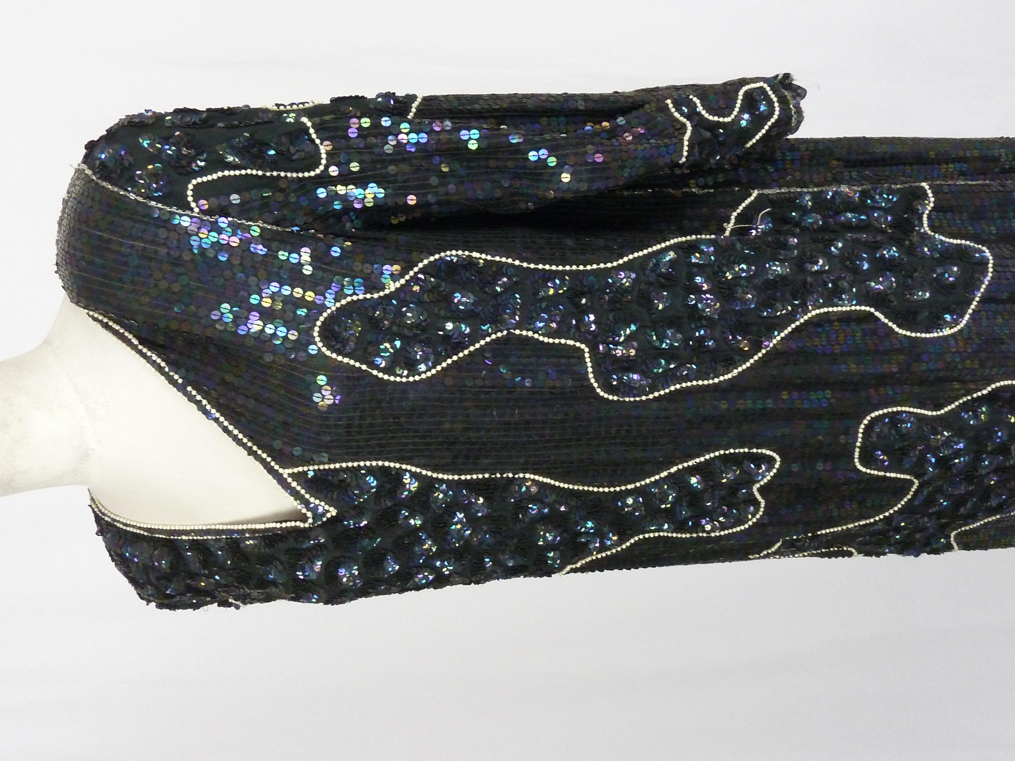 Vintage 80s Artisanal Abend Partykleid Schwarz Pailletten Perlen Langes Kleid Damen im Angebot