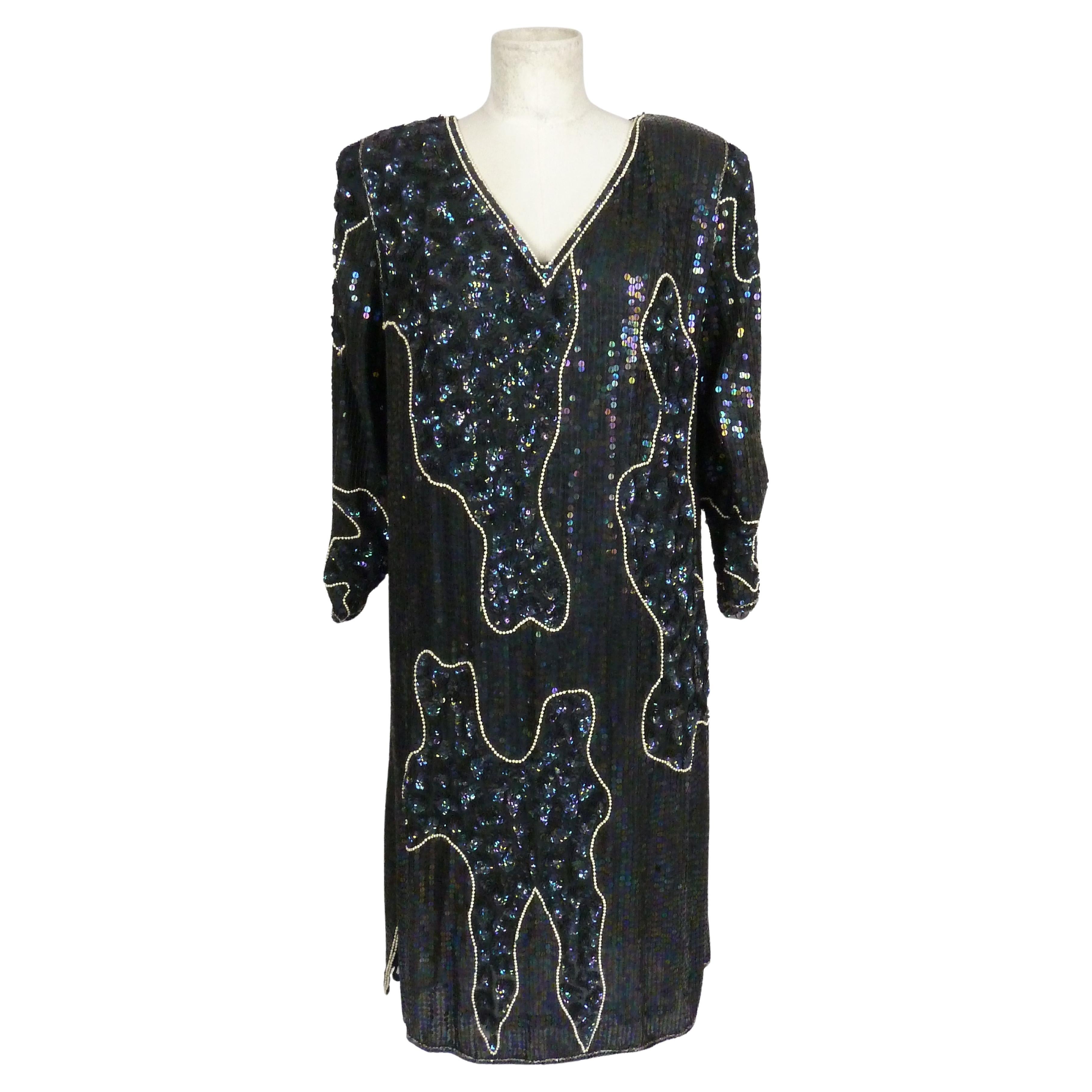 Vintage 80s Artisanal Evening Party Dress Black Sequins Beads Long Dress