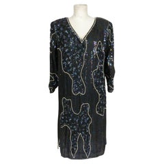 Vintage 80s Artisanal Evening Party Dress Black Sequins Beads Long Dress