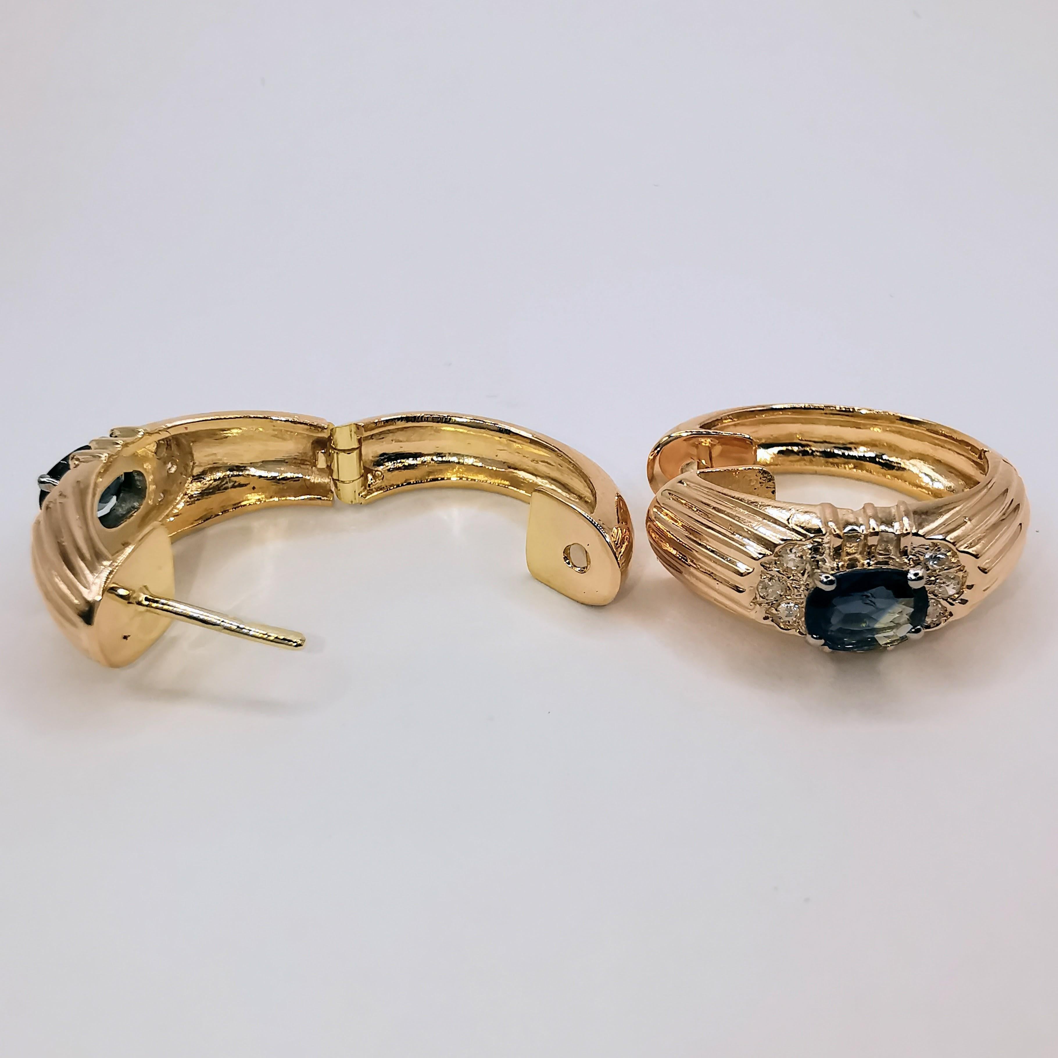 Art Deco Vintage 80's Blue Sapphire Diamond Earrings in 18K Yellow Gold