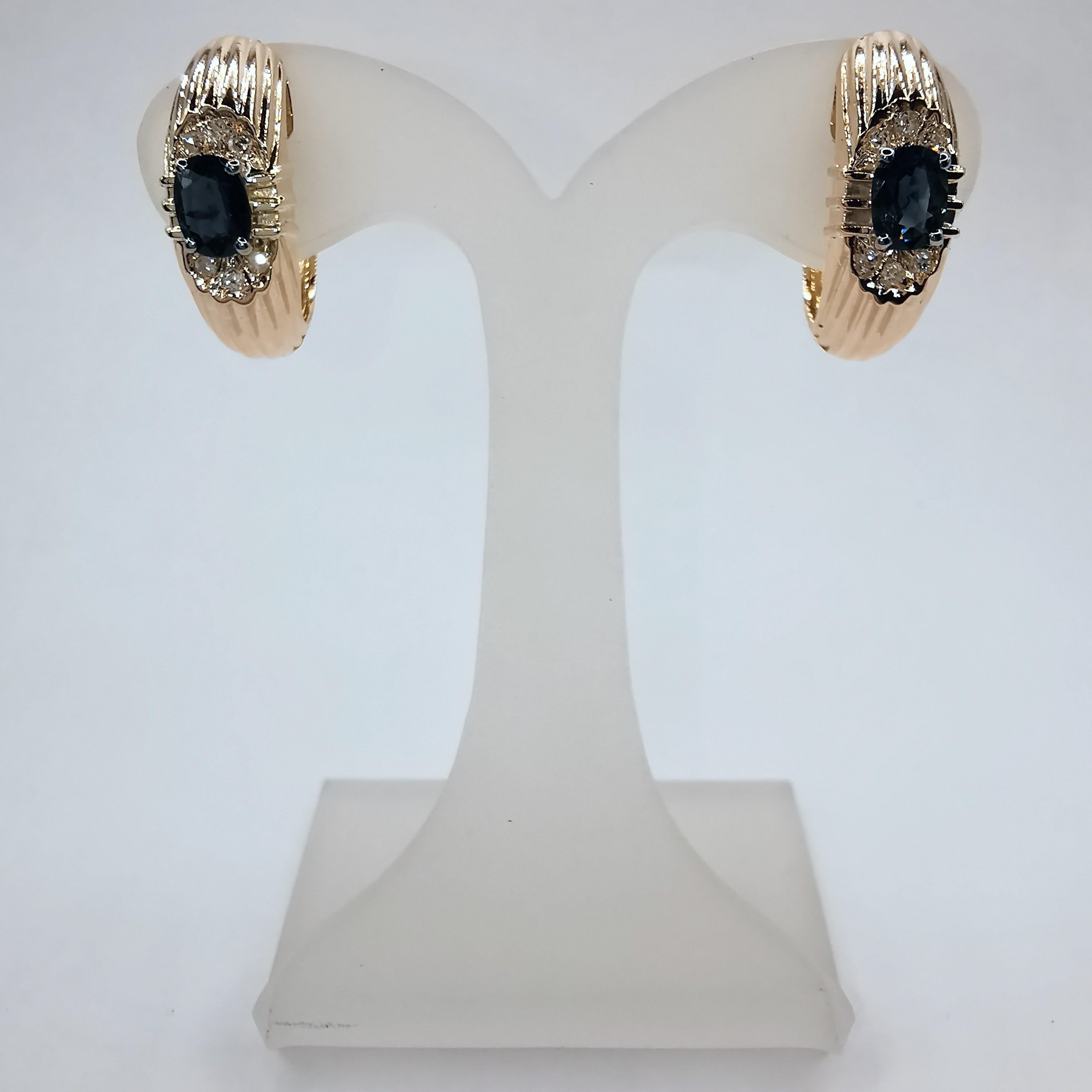 Oval Cut Vintage 80's Blue Sapphire Diamond Earrings in 18K Yellow Gold