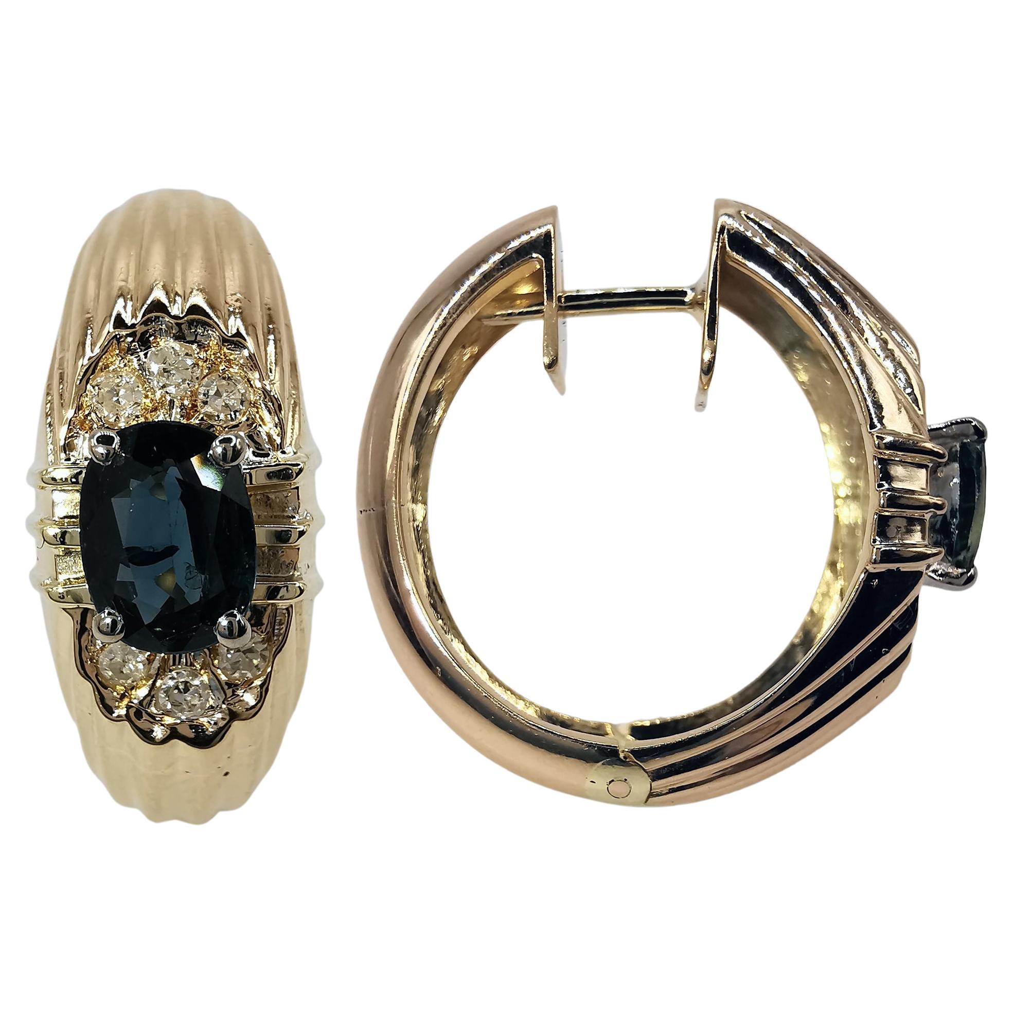 Vintage 80's Blue Sapphire Diamond Earrings in 18K Yellow Gold
