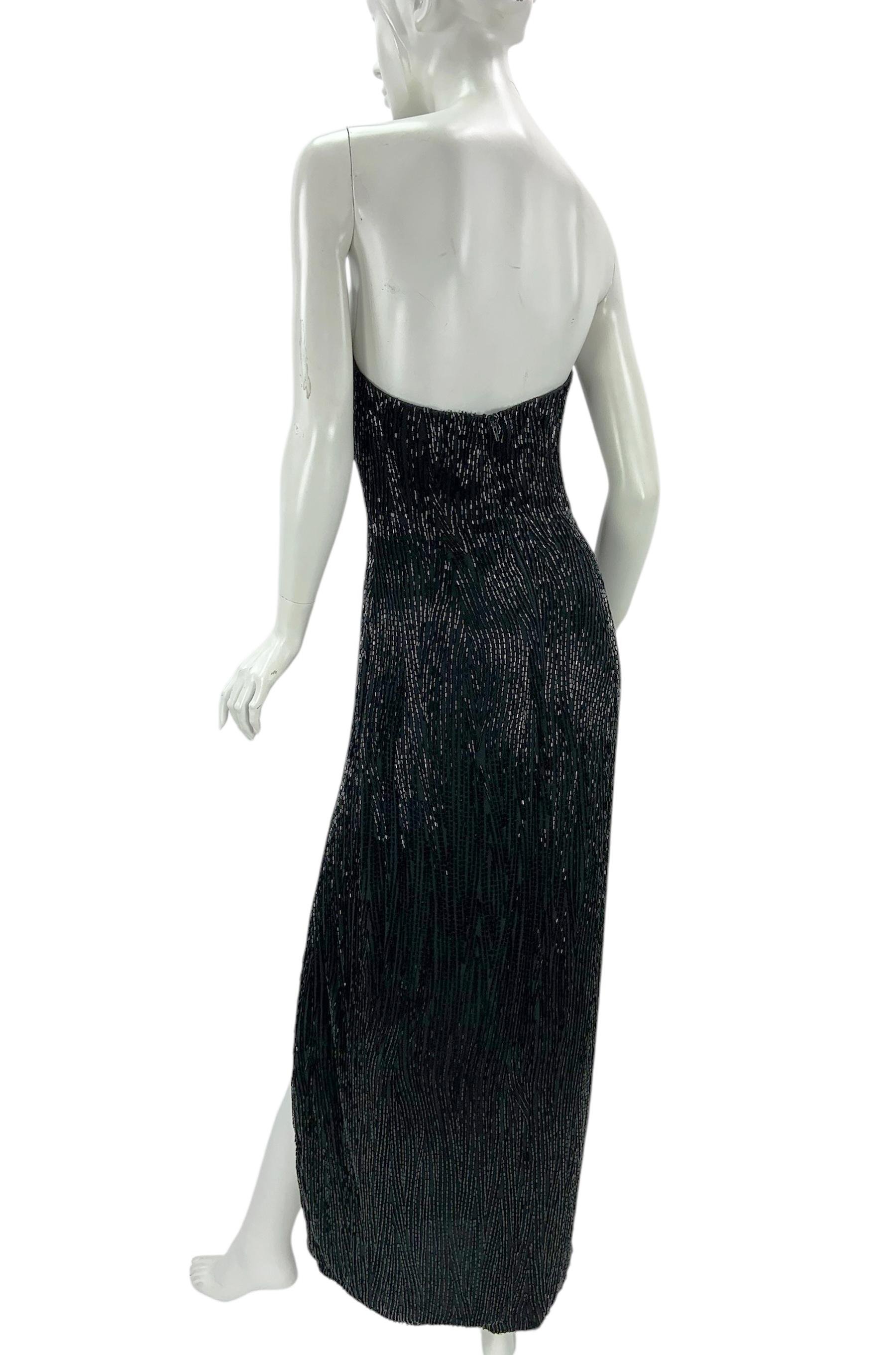 Vintage 80s Bob Mackie Boutique Black Silver Fully Beaded Dress Gown US 6 In Good Condition For Sale In Montgomery, TX