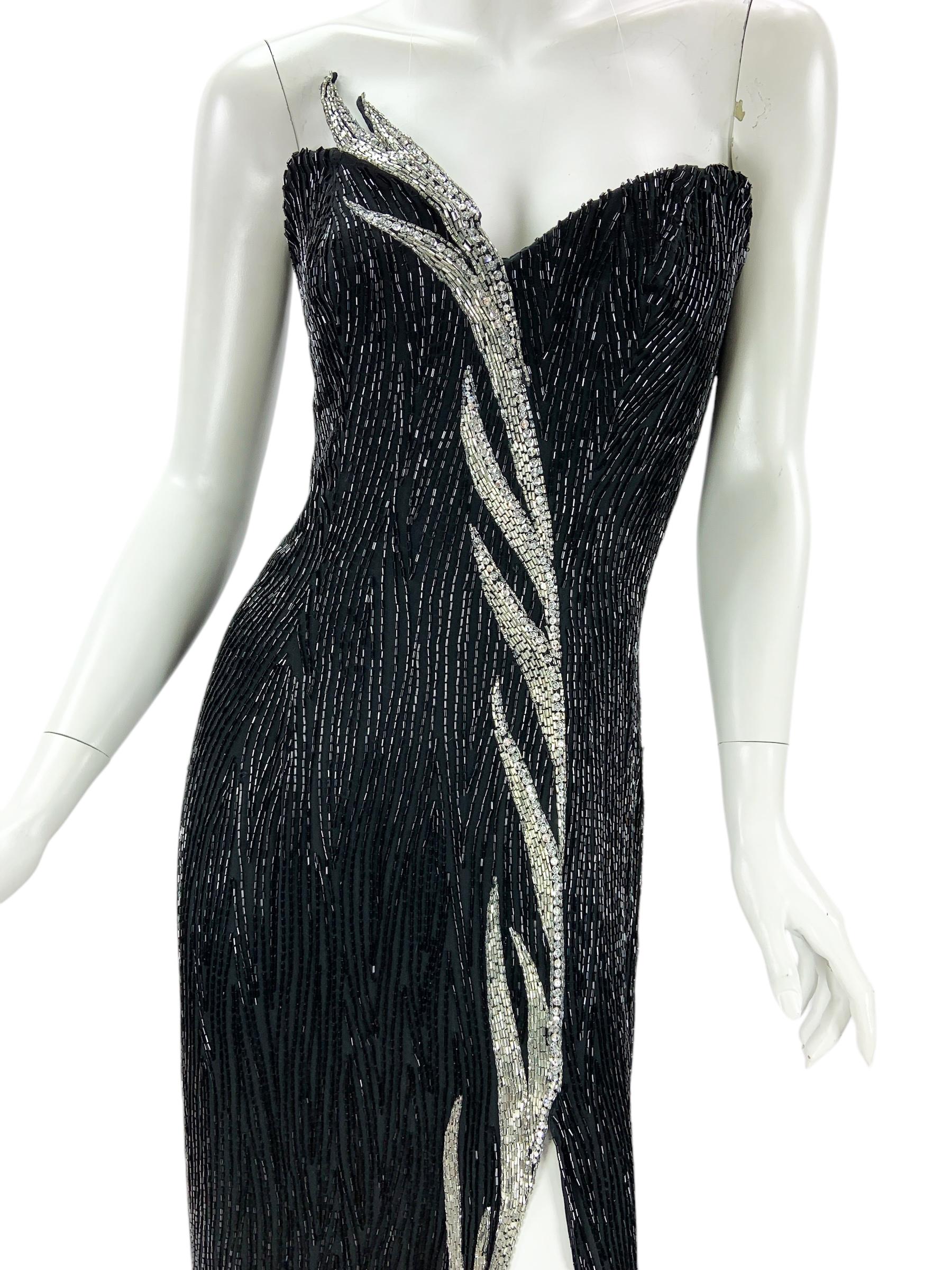 Women's Vintage 80s Bob Mackie Boutique Black Silver Fully Beaded Dress Gown US 6 For Sale