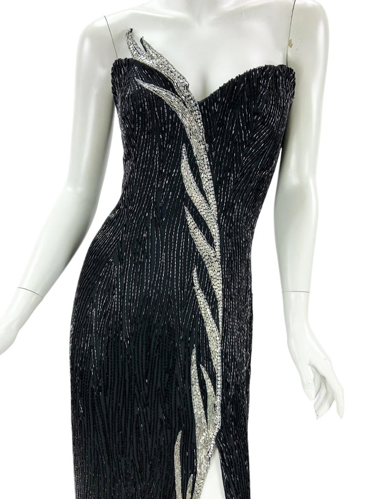 Vintage 80s Bob Mackie Boutique Black Silver Fully Beaded Dress Gown US 6  For Sale at 1stDibs