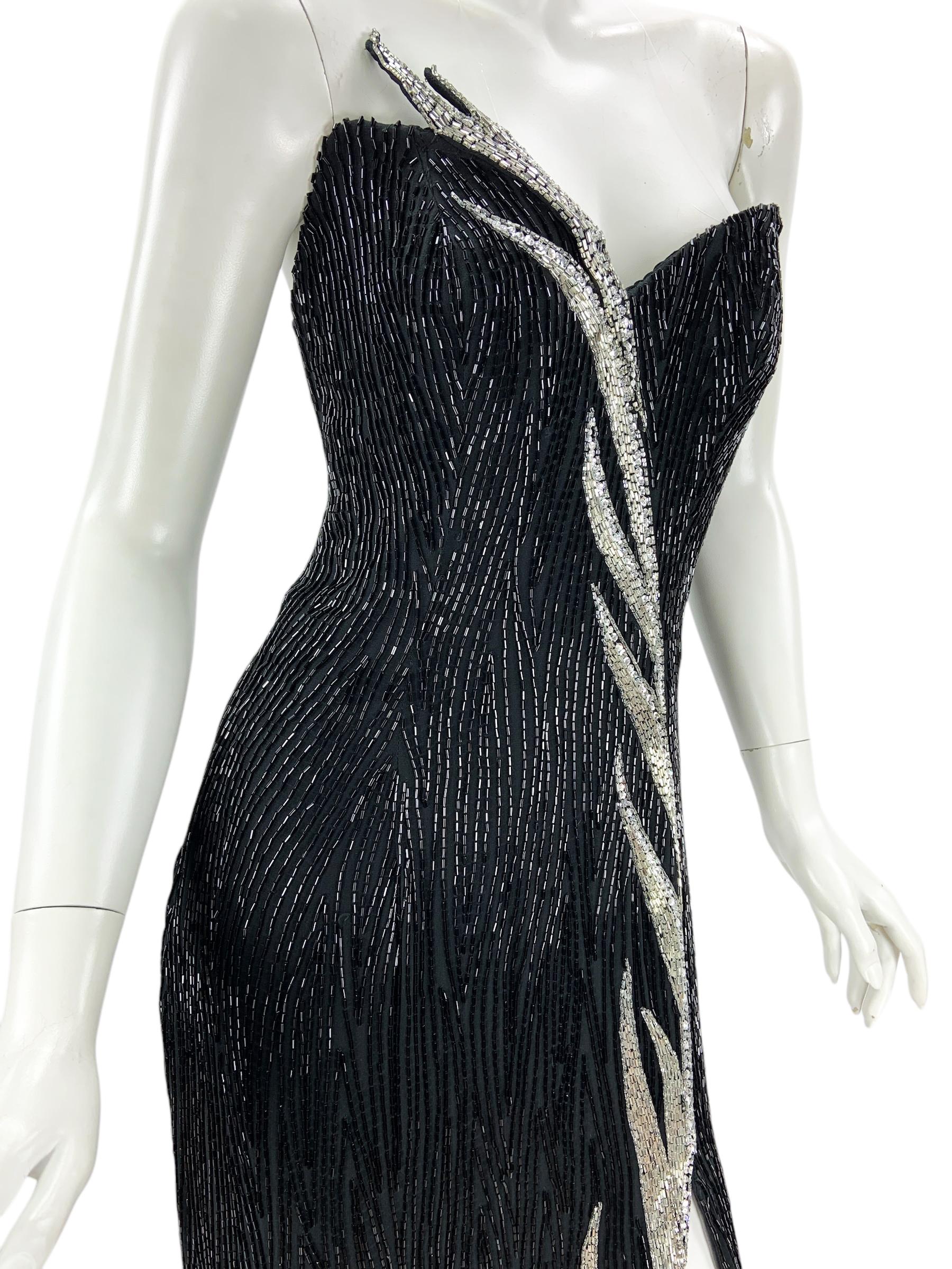 Vintage 80s Bob Mackie Boutique Black Silver Fully Beaded Dress Gown US 6 For Sale 1