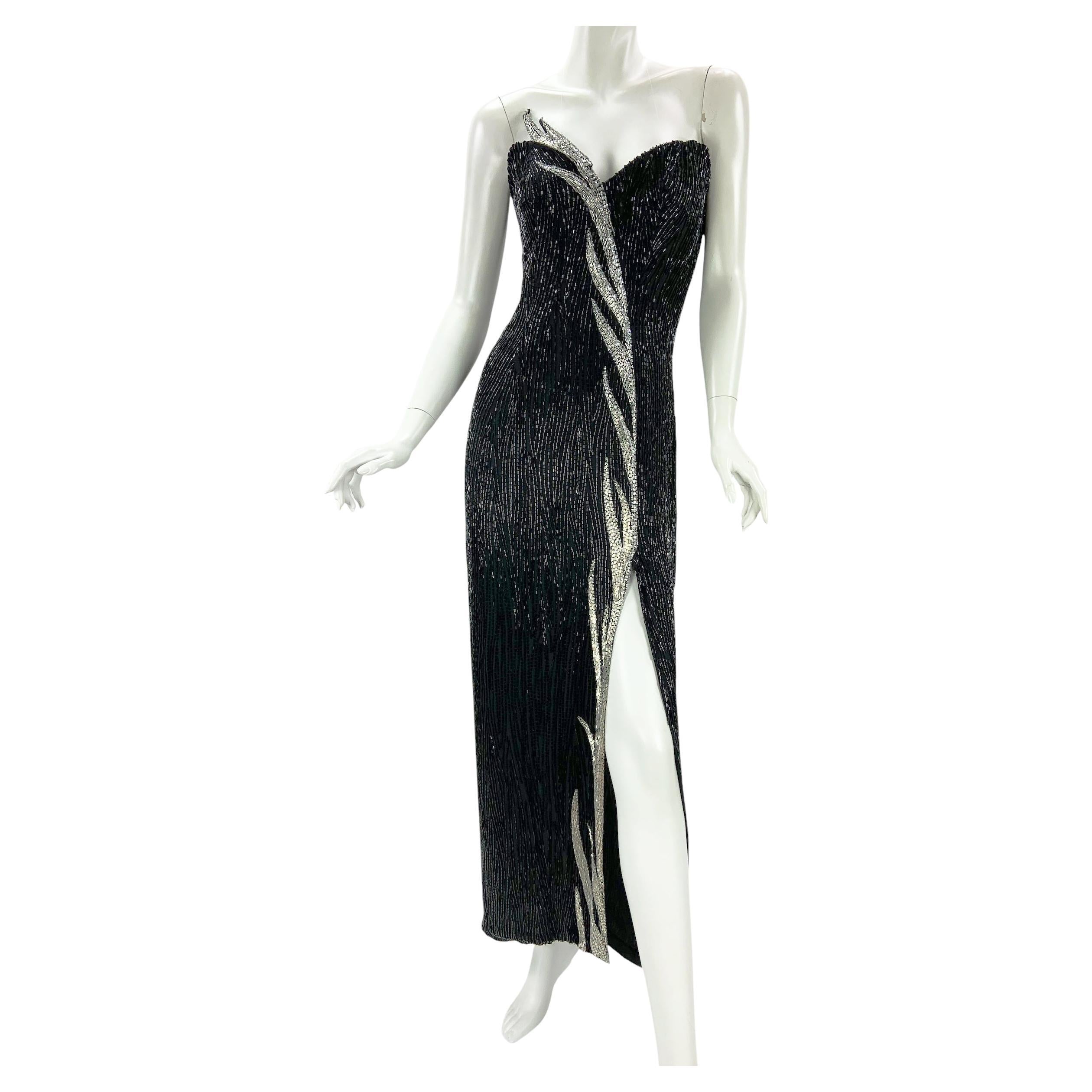 Vintage 80s Bob Mackie Boutique Black Silver Fully Beaded Dress Gown US 6 For Sale
