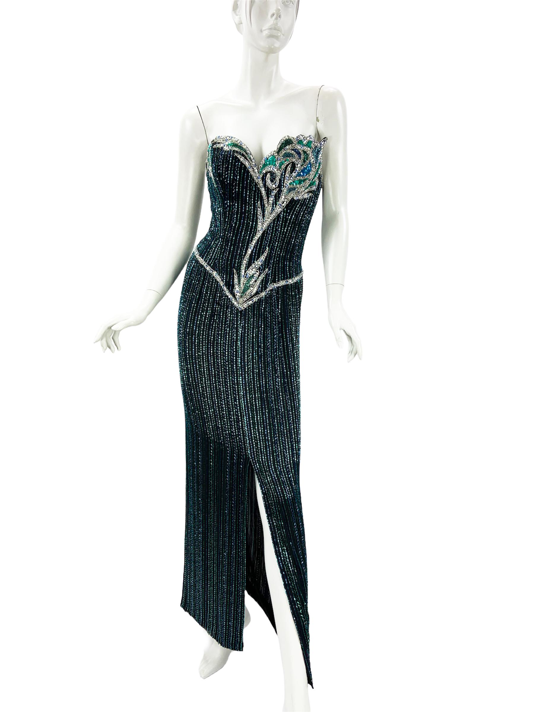 Vintage 80's Bob Mackie Boutique Green Blue Fully Beaded Silk Evening Dress Gown
Designer size 8 ( modern size will be smaller - pls. check measurements).
Hand Beaded, Thousands Green, Blue and Silver tone Beads and Sequins Over the Black Silk,