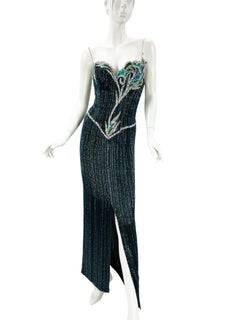 Vintage 80s Bob Mackie Boutique Green Blue Fully Beaded Silk Evening Dress Gown