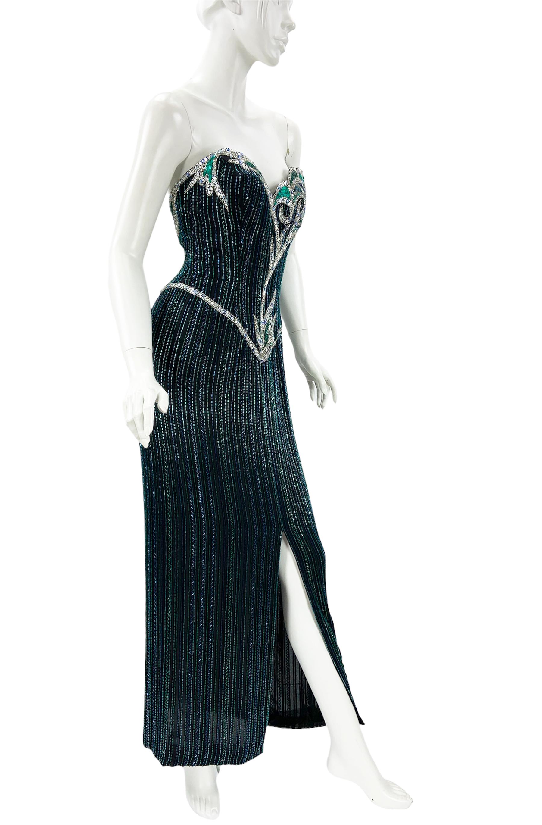 Vintage 80s Bob Mackie Boutique Green Blue Fully Beaded Silk Evening Dress Gown  In Good Condition For Sale In Montgomery, TX