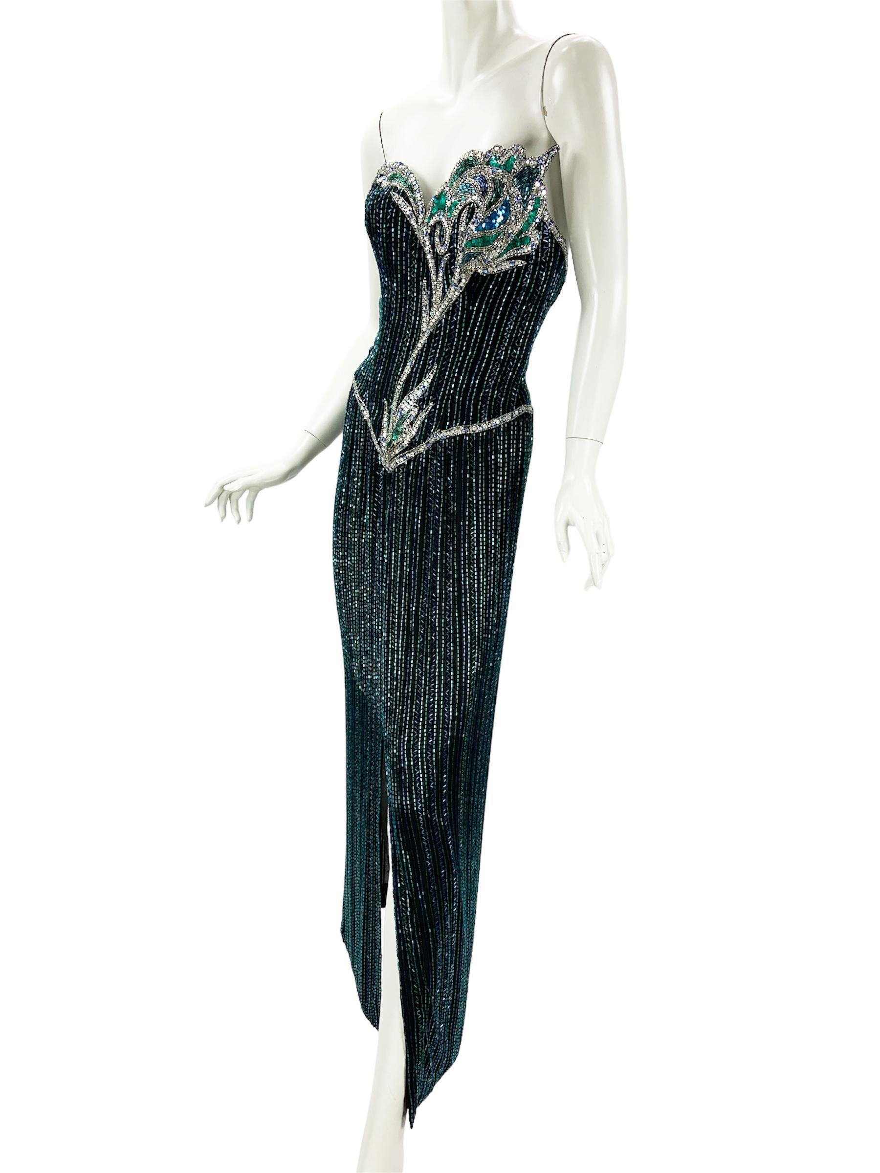 Vintage 80s Bob Mackie Boutique Green Blue Fully Beaded Silk Evening Dress Gown  In Good Condition For Sale In Montgomery, TX