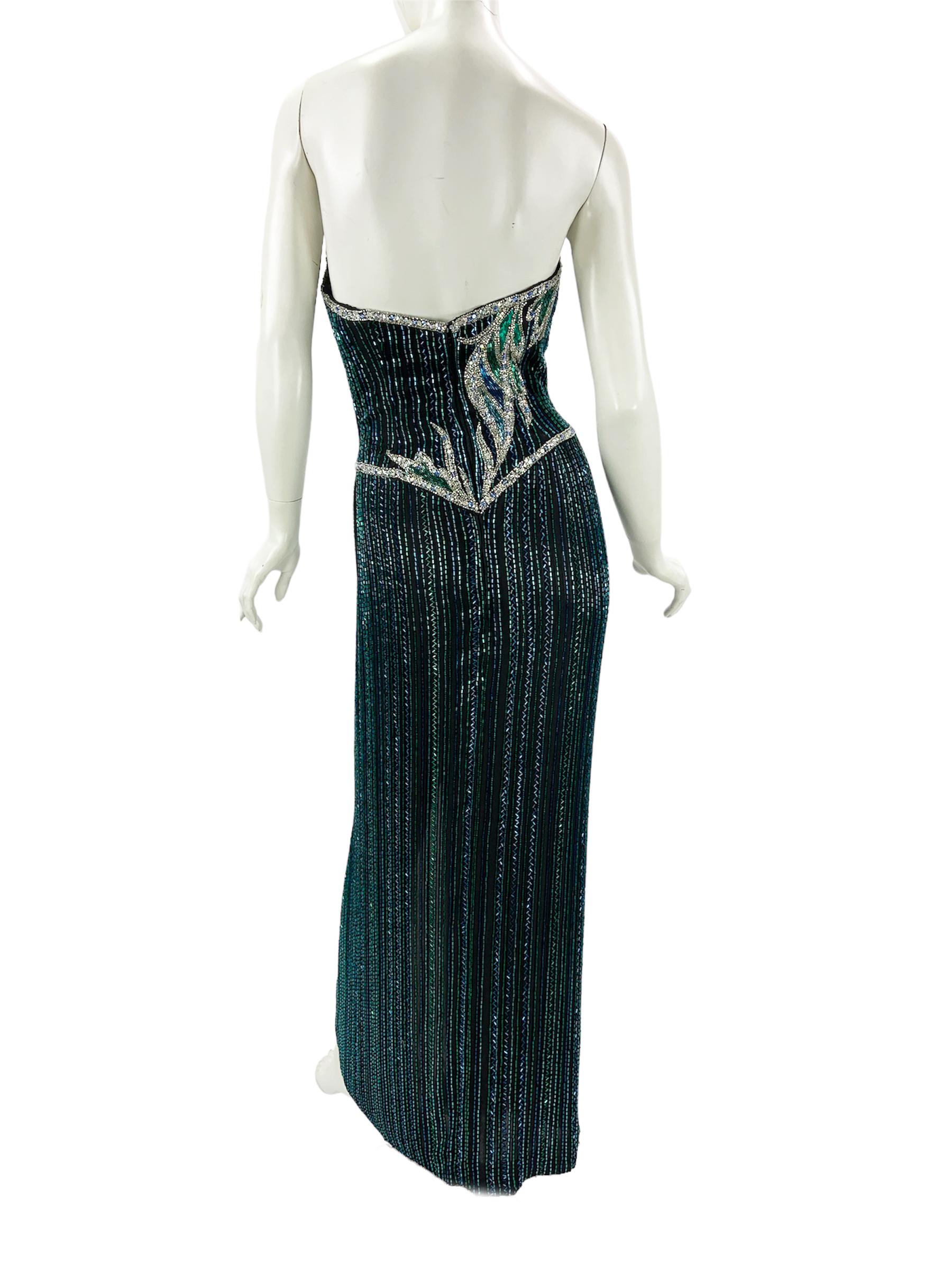 Vintage 80s Bob Mackie Boutique Green Blue Fully Beaded Silk Evening Dress Gown  For Sale 1