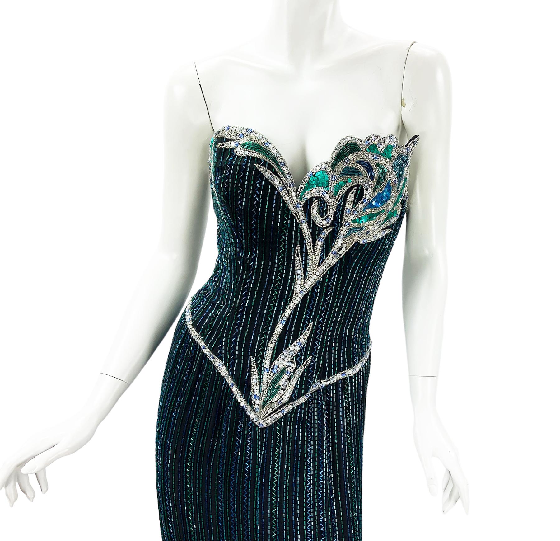 Vintage 80s Bob Mackie Boutique Green Blue Fully Beaded Silk Evening Dress Gown  For Sale 1