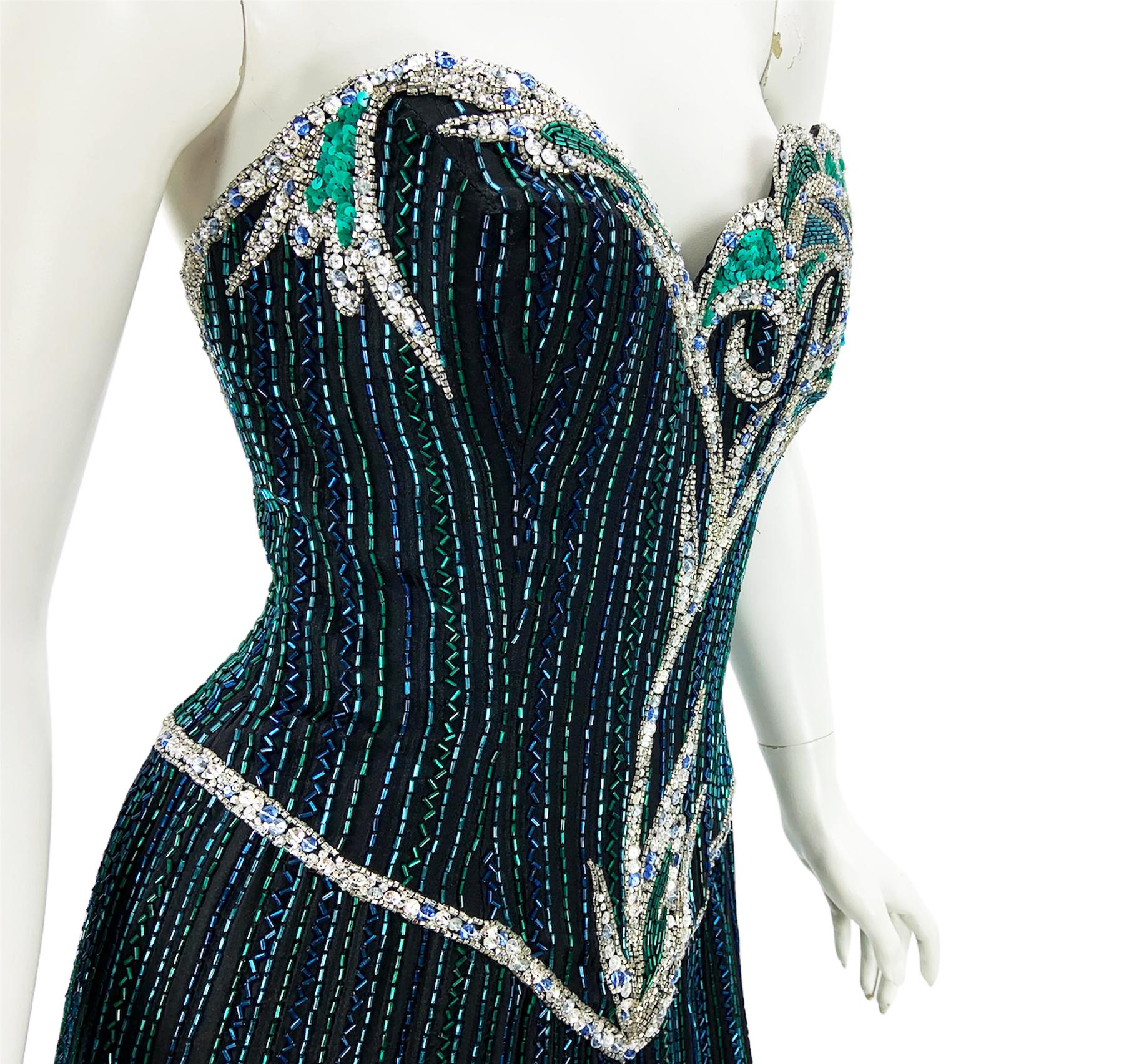 Vintage 80s Bob Mackie Boutique Green Blue Fully Beaded Silk Evening Dress Gown  For Sale 2